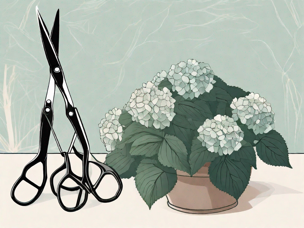 A hortensia plant with a pair of gardening shears next to it