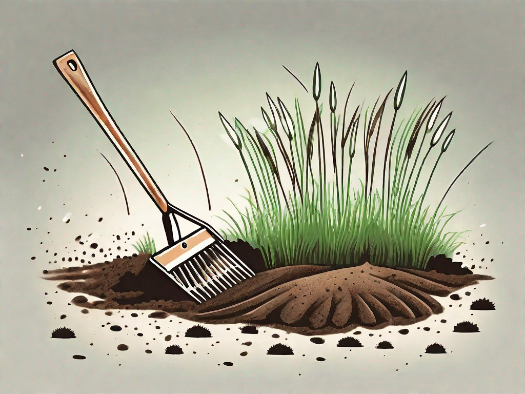 A garden tool set including a rake and grass seeds scattered on a freshly tilled soil patch